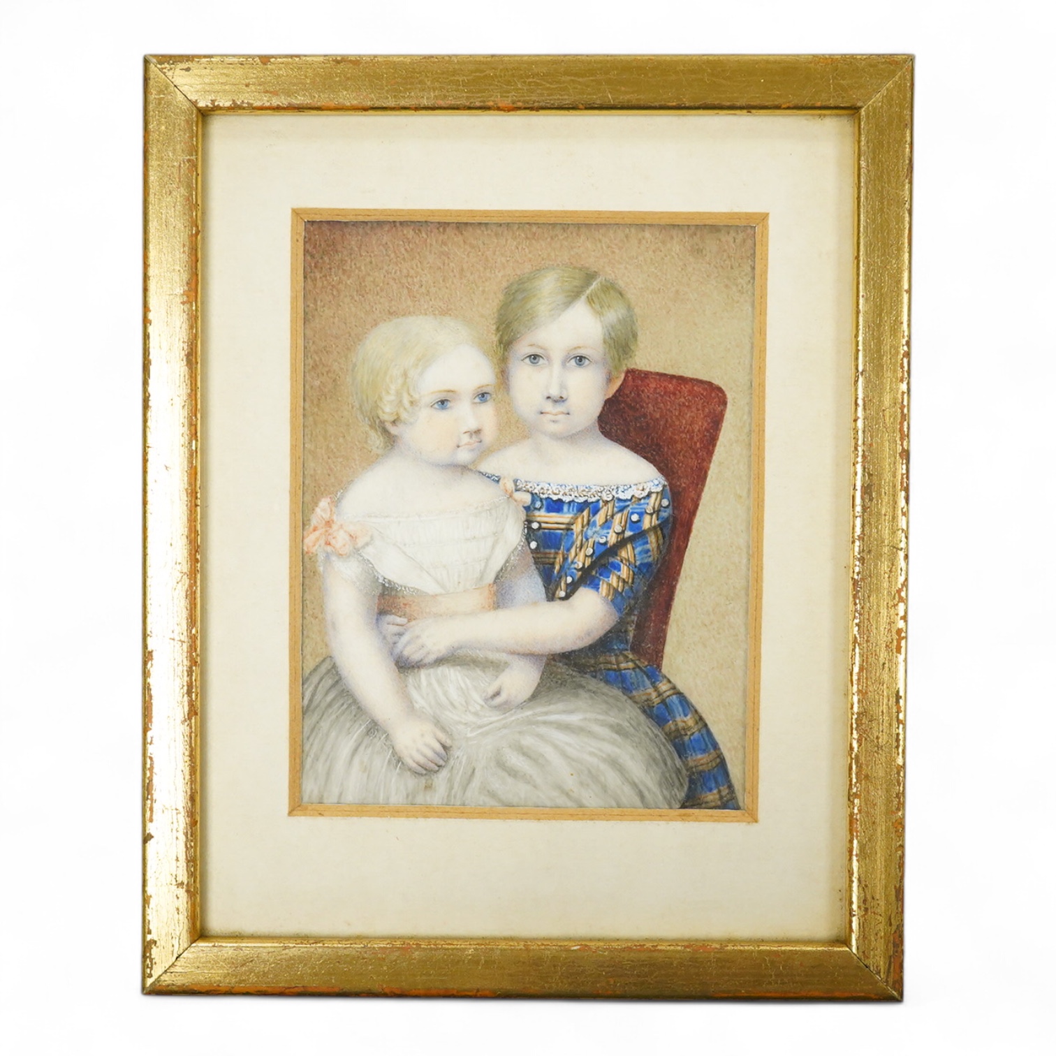 Early 19th century School, Portrait miniature of two seated young children, watercolour on ivory, 10 x 8cm, framed , CITES Submission reference SQ1G9CEP